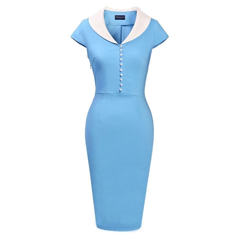Retro Vintage Pinup 1950s Classy Elegant Cocktail Pencil Midi Blue Dress NWT